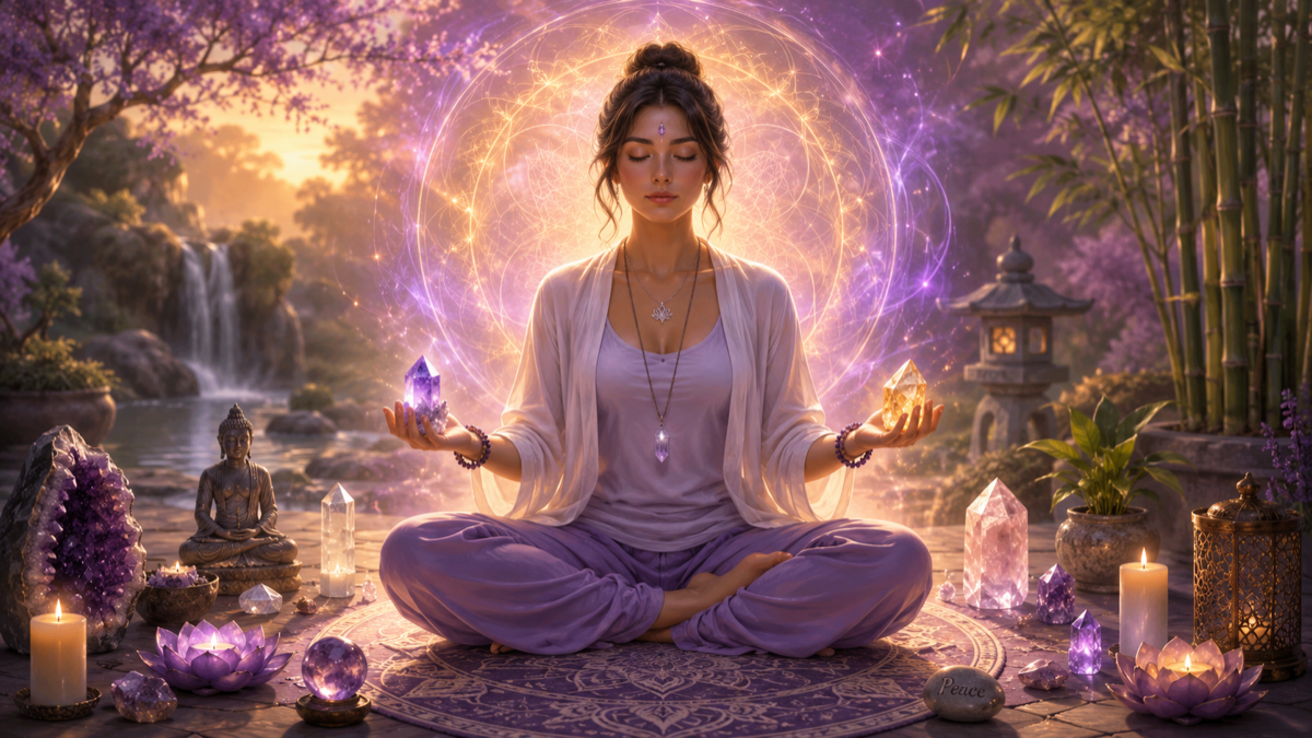 Crystal meditation setup for calm breathing