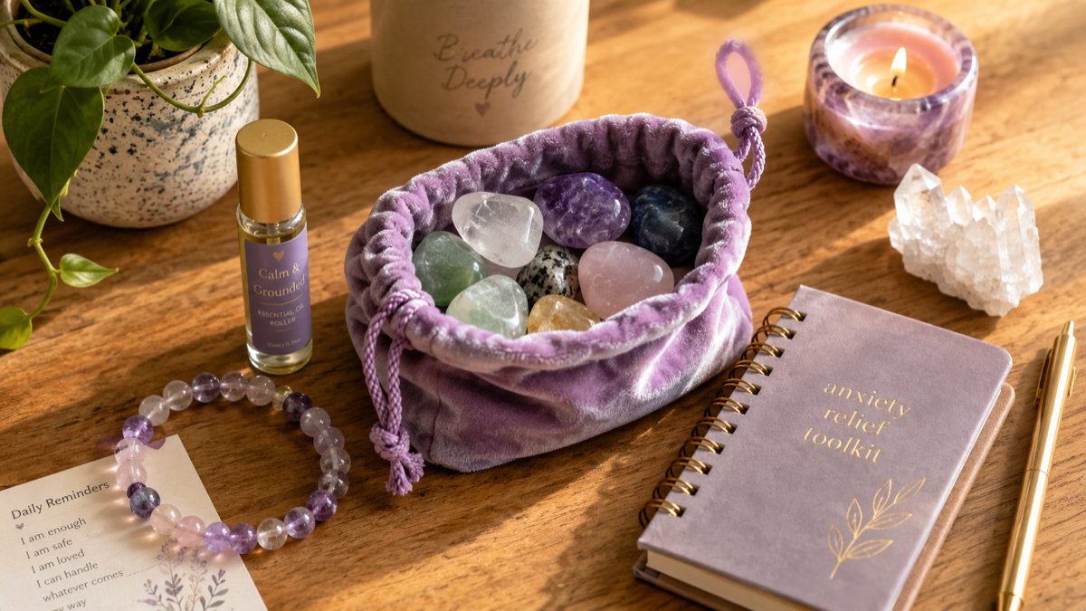 Portable anxiety relief toolkit with crystals and small comfort items