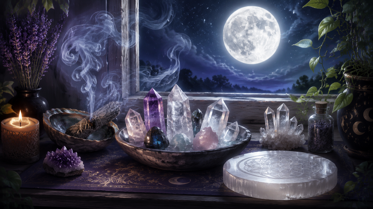 Crystal care ritual with cleansing tools